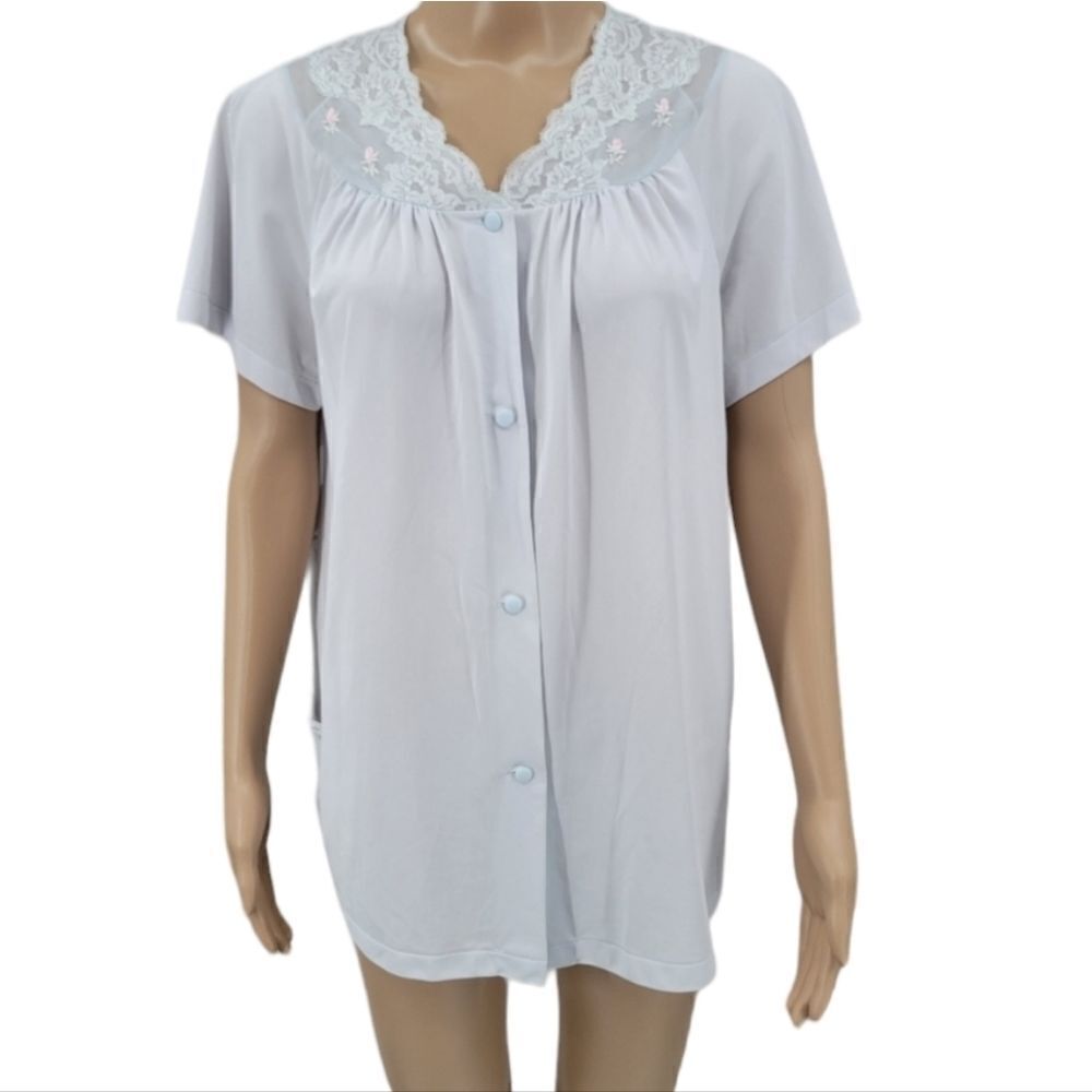 Shadowline Vintage Light Blue Nylon Pajama Top Bed Jacket Blouse
